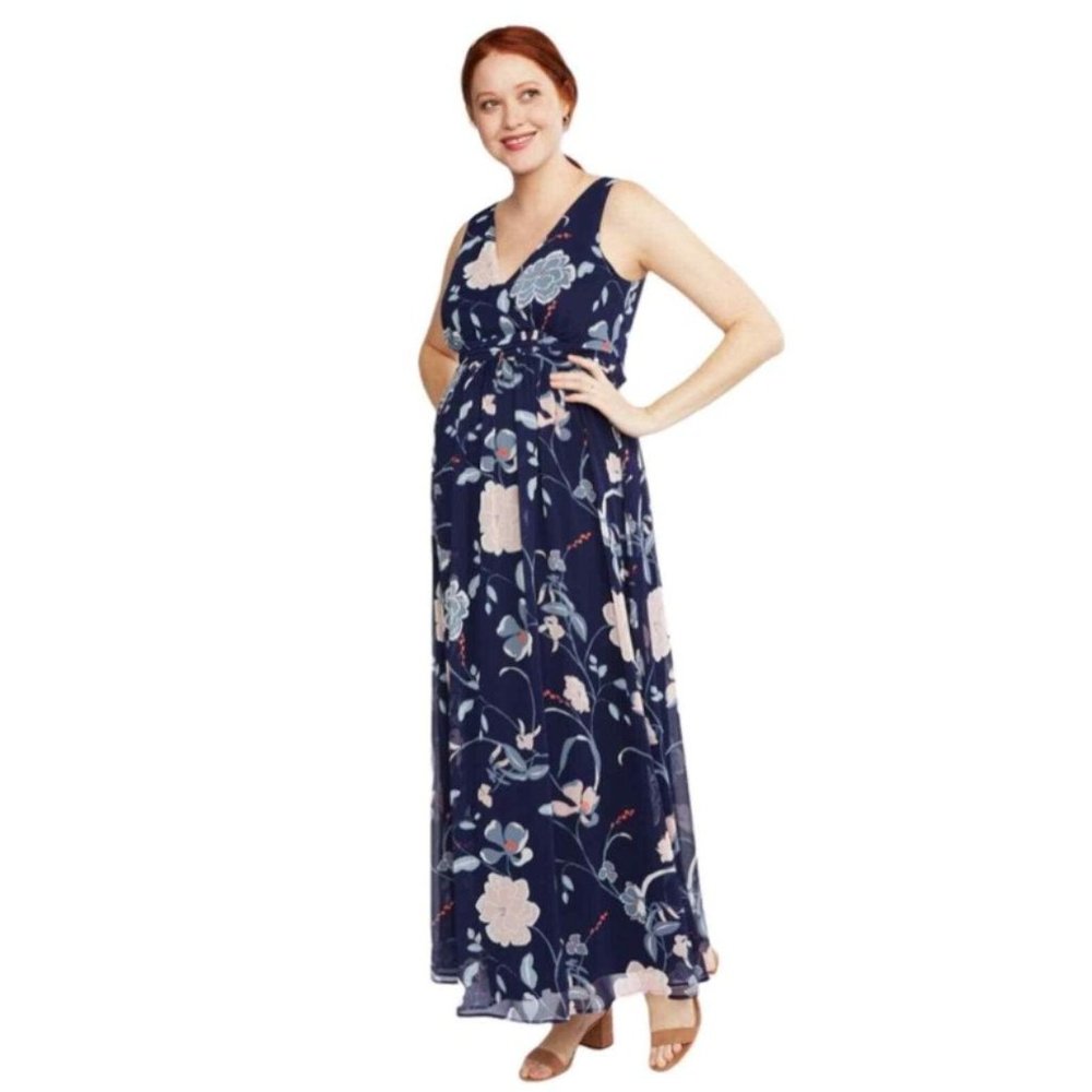 MOTHERHOOD MATERNITY Long Maxi Dress NAVY BLUE FLORAL size L Boho Sleeveless